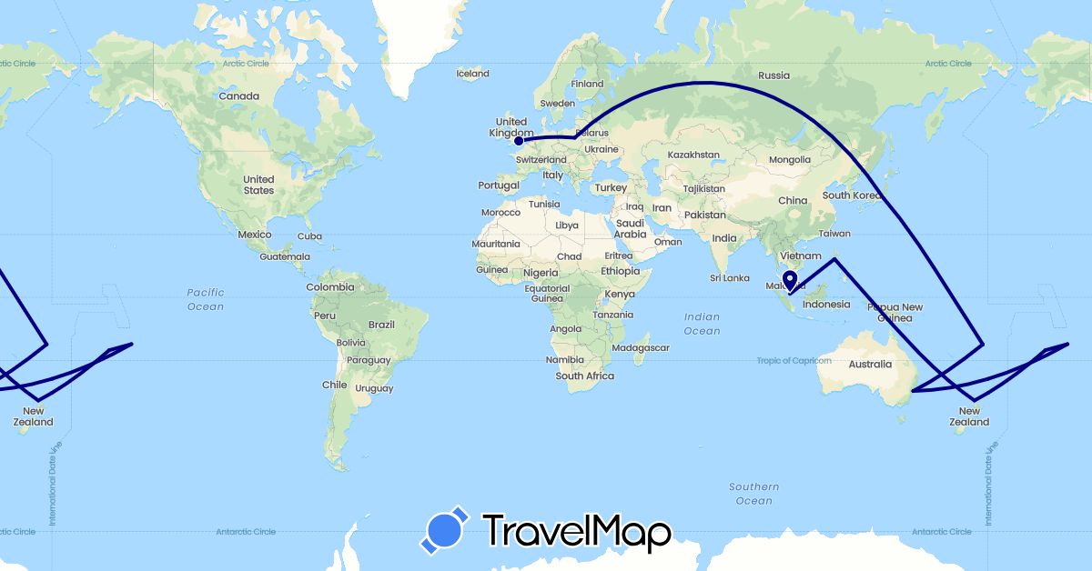 TravelMap itinerary: driving in Australia, Cook Islands, Fiji, France, United Kingdom, Japan, New Zealand, Philippines, Poland, Singapore (Asia, Europe, Oceania)